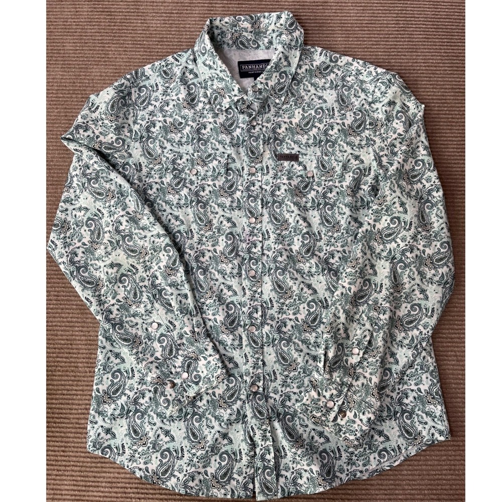 Panhandle Performance Sz Mens Medium Paisley Western Pearl Snap Shirt Teal Green